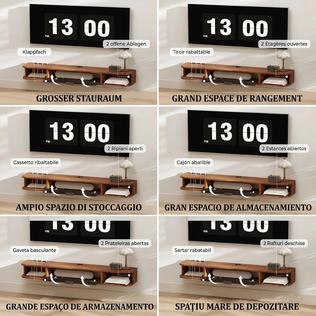 HOMCOM Mobilier TV Suspendat, Suport TV Până la 50" cu Sertar Rabatabil, 2 Rafturi Deschise și Orificiu pentru Cabluri, Mobilier pentru Televizor pentru Sufragerie, Dormitor și Sală de Stat, 120x24x16 cm, Nuc | Aosom Romania