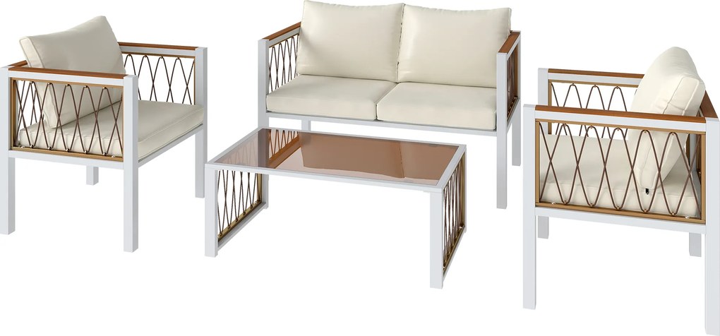 Outsunny Set mobilier grădină 4 piese Polyrattan lounge cu canapea 2 locuri, 2 fotolii, masă cu sticlă, perne detașabile, saltea antiderapantă | Aosom Romania