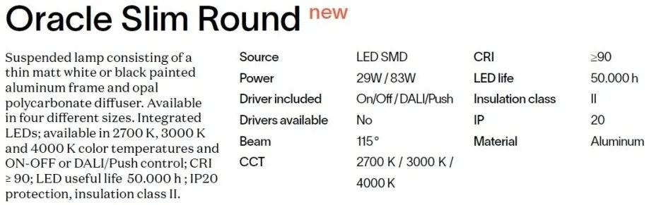 Lustra LED suspendata Oracle slim sp d070 round 4000k dali alba