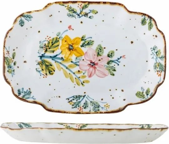 Platou de servire din ceramică artizanală albă cu motive florale roz pictate manual și margine aurie, 31×21×3 cm, "Savina"