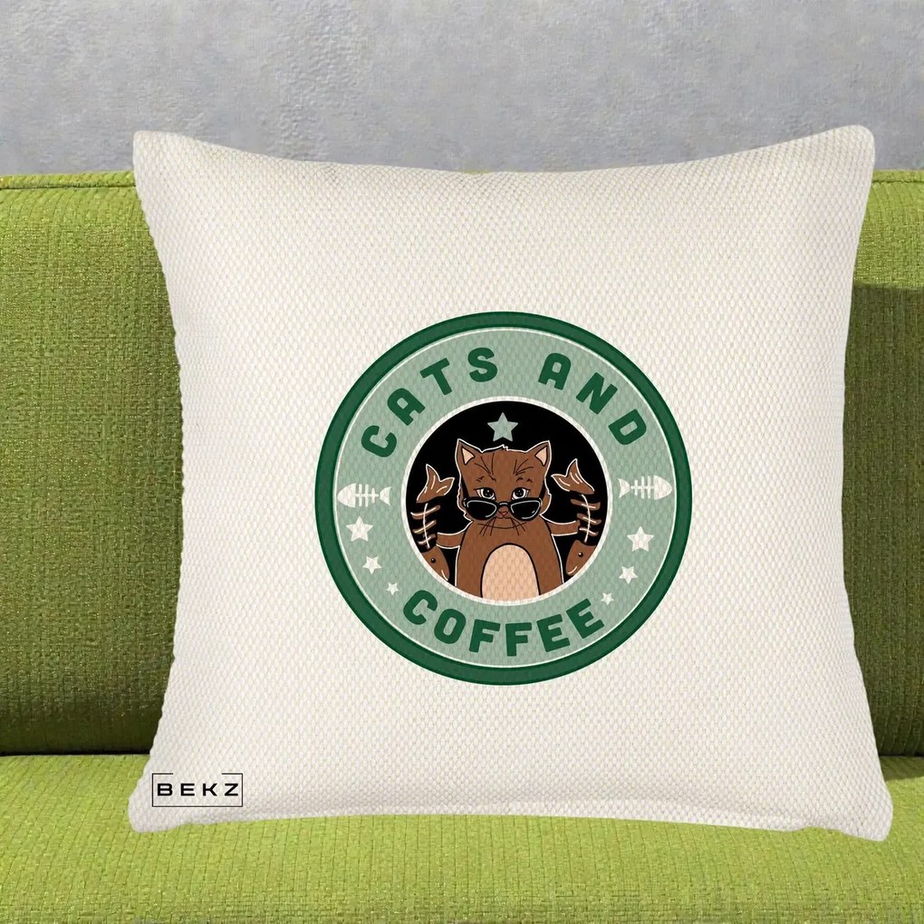 Perna Personalizata Cats and Coffee Starbucks, 40x40 cm, Crem Reliefat, Husa Detasabila, Perna Inclusa, BEKZ®