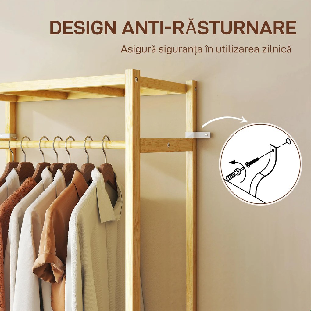 HOMCOM Cuier de Podea cu Bară și 4 Roți, Economisire Spațiu, Cuier din Bambus cu Rafturi Inferioare, pentru Dormitor, Hol, 70x35x175 cm, Lemn Natural | Aosom Romania