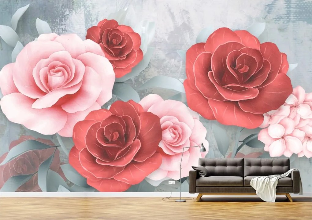 Tapet Premium Canvas - Abstract trandafiri rosii si roz