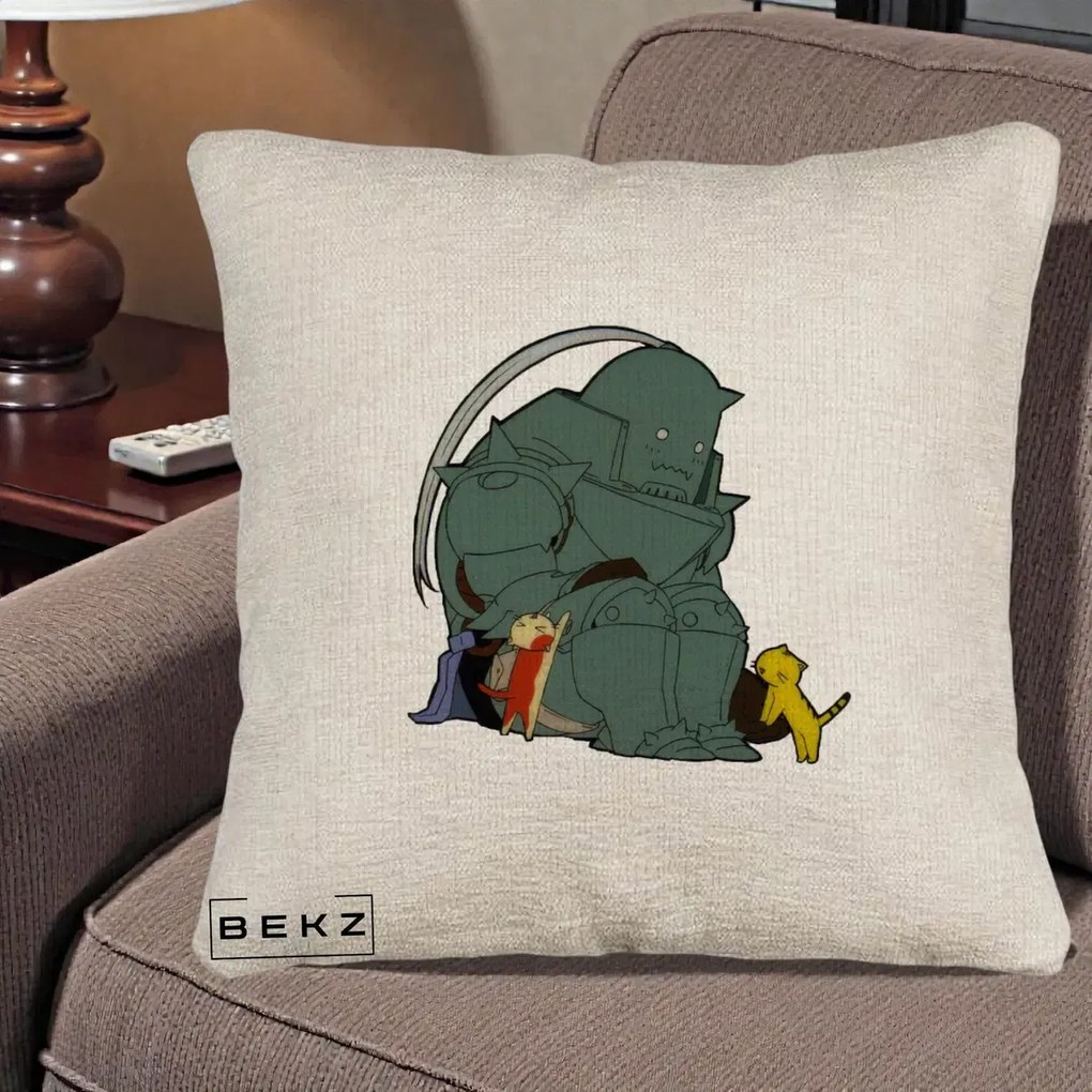 Perna Personalizata Fullmetal Alchemist Alphonse cu Pisici, 40x40 cm, Bej Canapea, Husa Detasabila, Perna Inclusa, BEKZ®