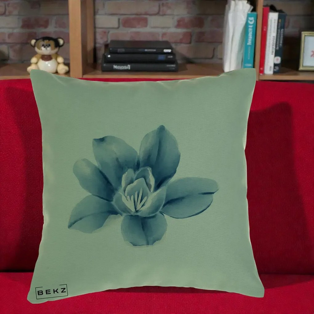 Perna Decorativa Magnolie Albastra Acuarela, 40x40 cm, Verde, Husa Detasabila, Perna Inclusa, BEKZ®
