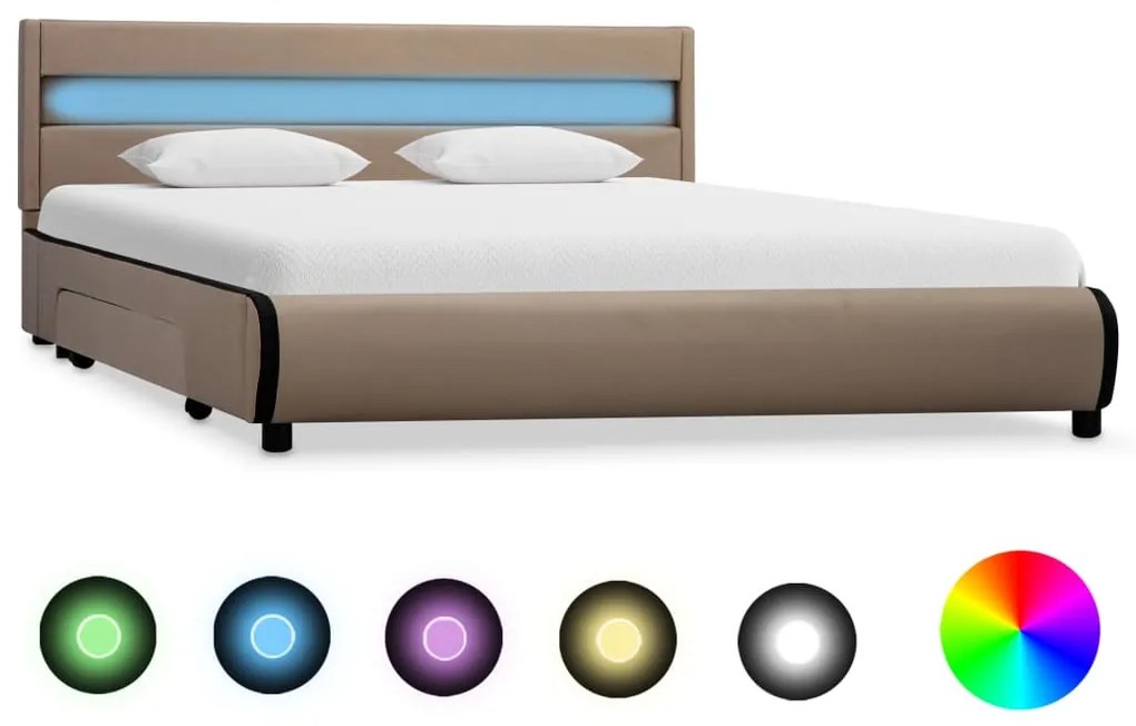 284987 vidaXL Cadru de pat cu LED, cappuccino, 140 x 200 cm, piele ecologică