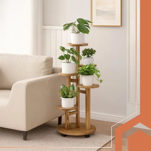 Suport din lemn pentru flori - 6 niveluri cu roți