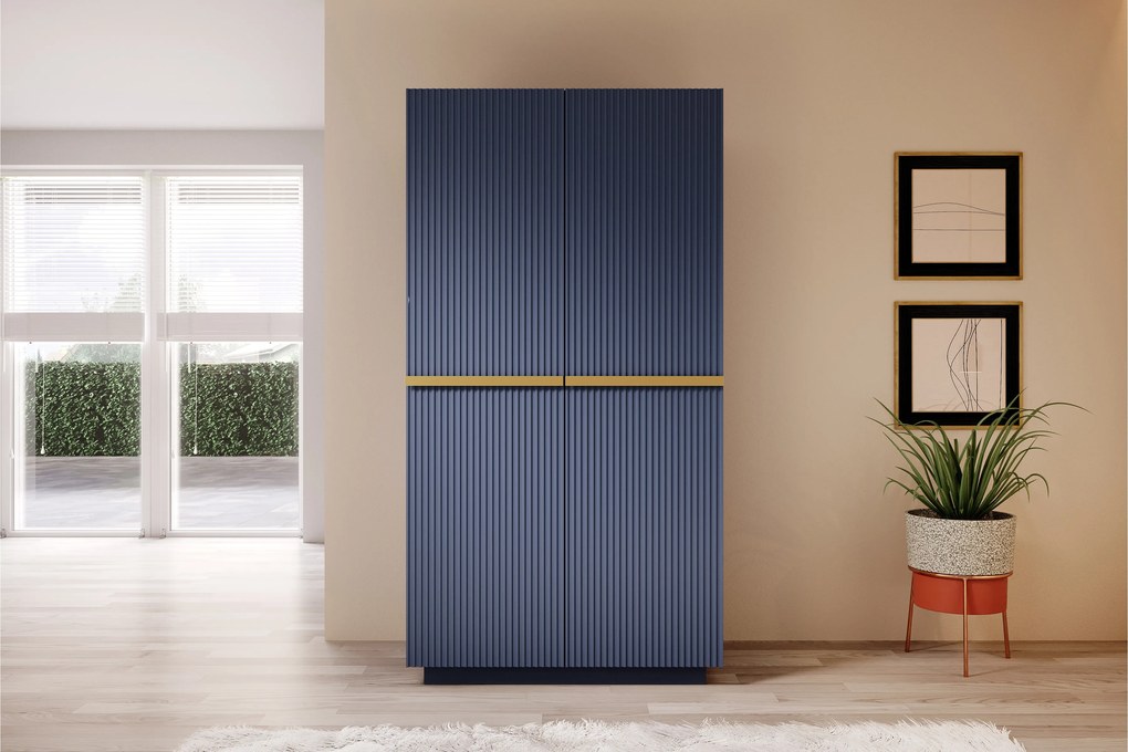 Dulap Nicole dormitor 100 cm - MDF albastru marin / mânere aurii
