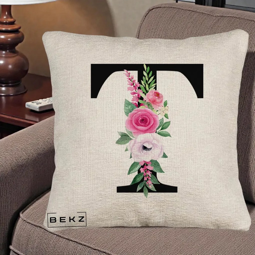 Cadou Personalizat - Perna Personalizata Monograma Florala Litera T, 40x40 cm, Bej Canapea, Husa Detasabila, Perna Inclusa, BEKZ®