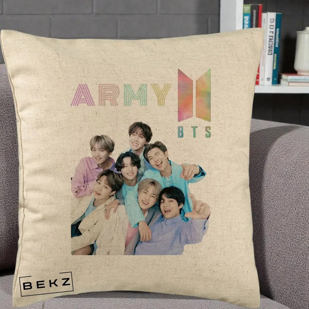 Perna Personalizata K-pop BTS ARMY Fotografie Grup Veseli, 40x40 cm, Bej, Husa Detasabila, Perna Inclusa, BEKZ®
