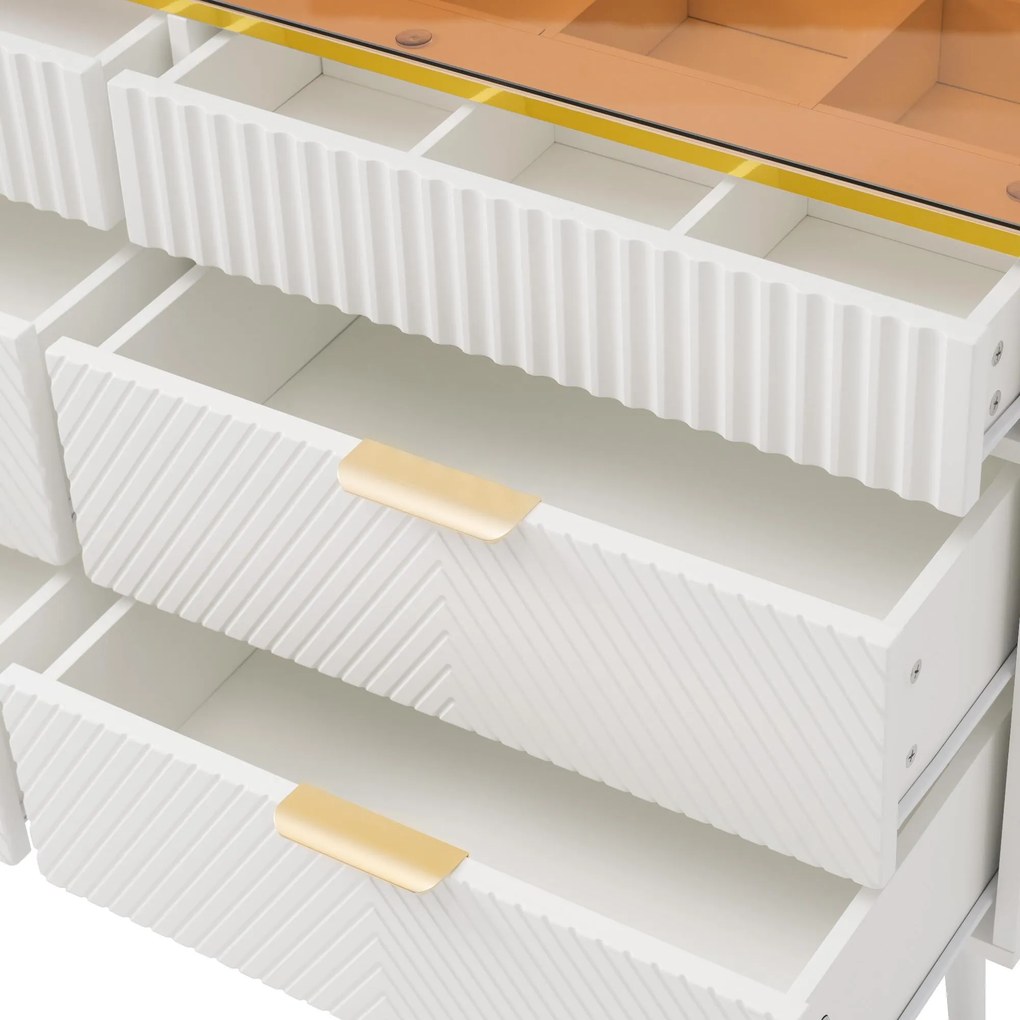 Comodă cu 6 sertare și sticlă chihlimbar, dulap înalt pentru dormitor și living, 120x40x76 cm, Alb