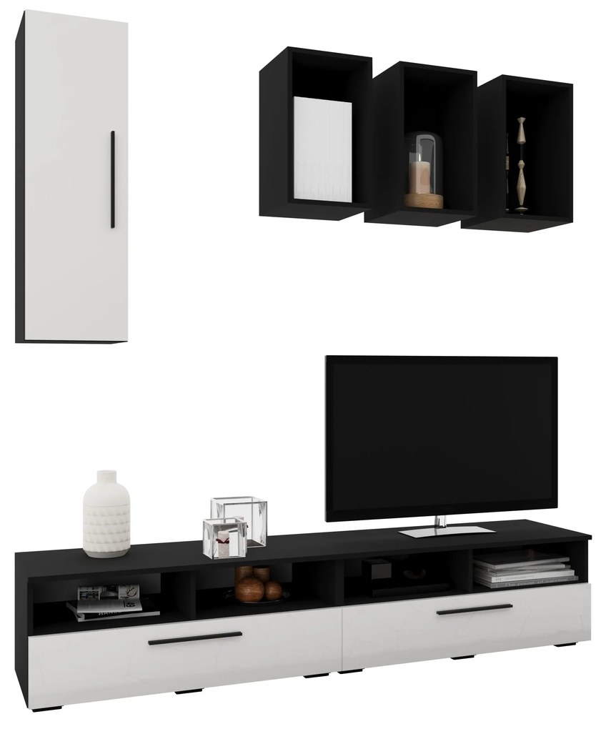 Living Kos V12, Negru/Alb Lucios, MDF, L 190 cm