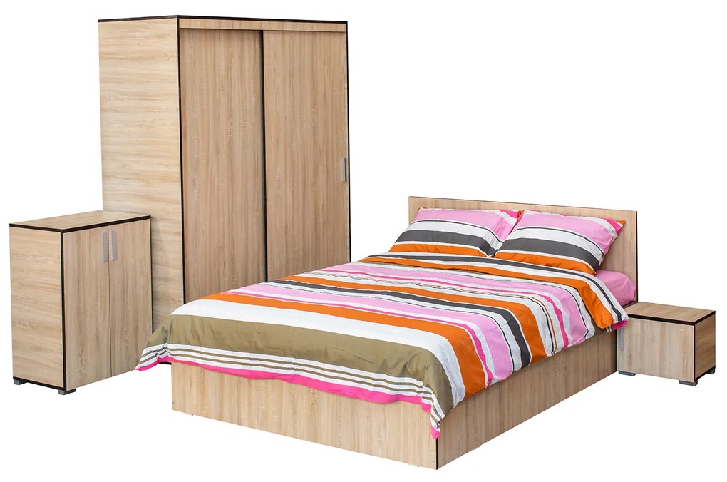 Set dormitor CORINNE, 5 piese, pat 160x200 cm, dulap usi glisante, 2 noptiere, comoda, sonoma deschis, cant sonoma inchis