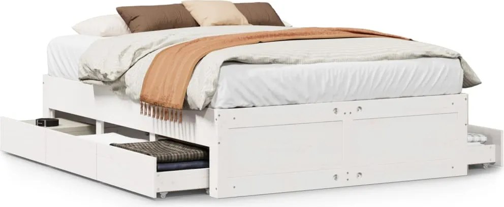 vidaXL Cadru pat fără saltea/cu sertare alb, 150x200cm, lemn masiv pin