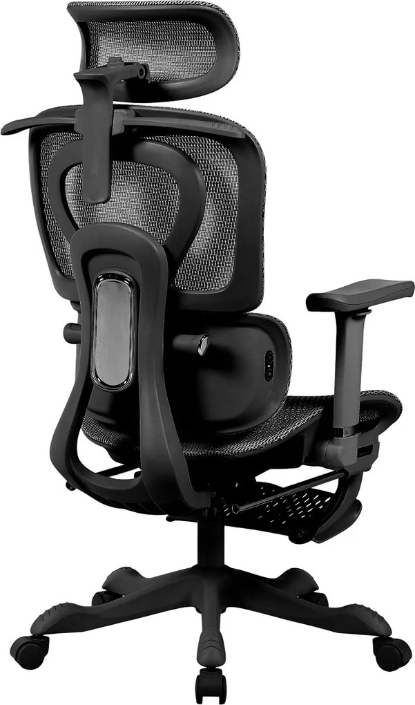 AERION-HM – Scaun ergonomic cu Masaj și Încălzire Lombară, Tetieră 3D, Cotiere 4D, Șezut Glisant, Spătar Reglabil și Suport Picioare, Full Mesh, Negru