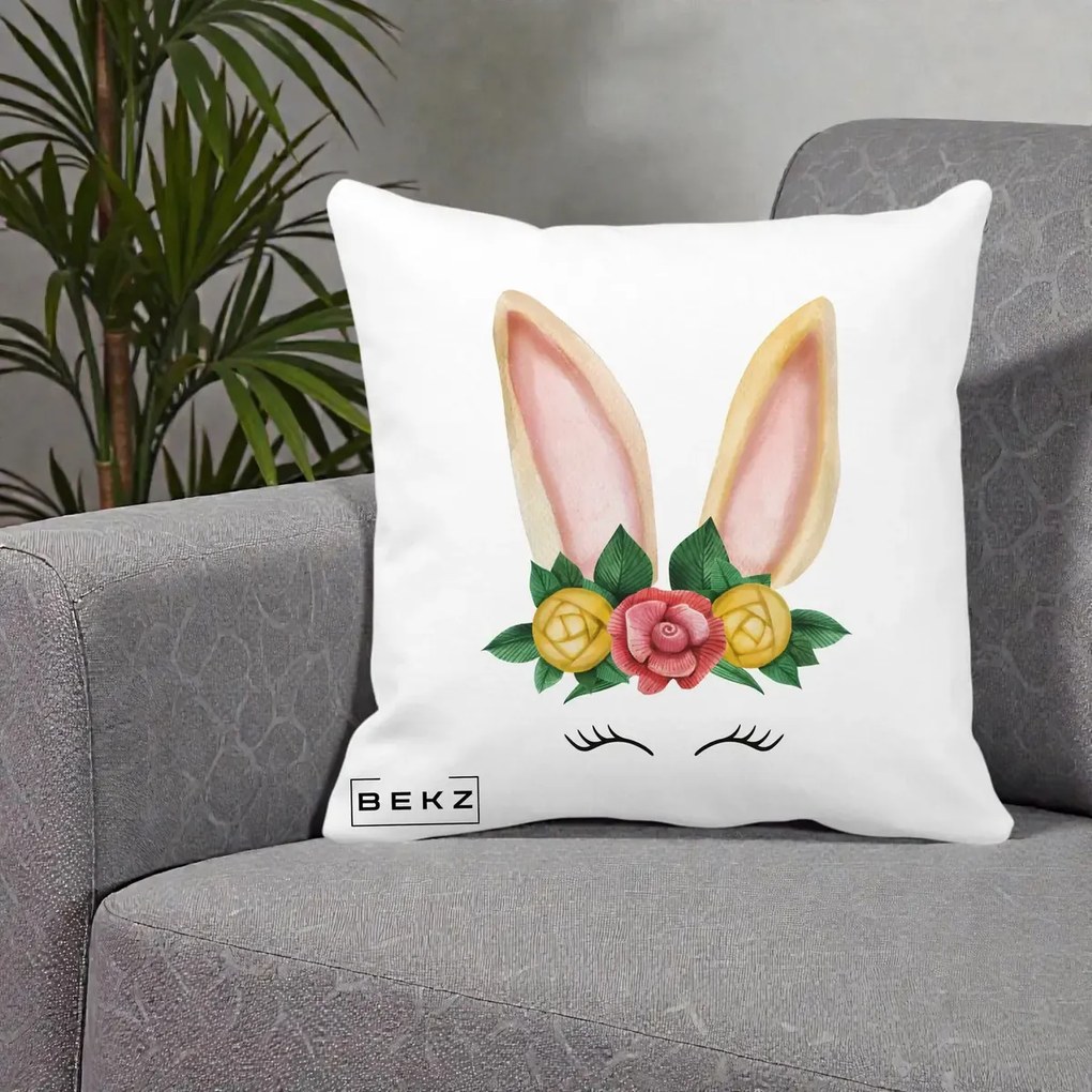 Perna Decorativa Iepuras Flori Urechi Pastelui, 40x40 cm, Alba Mata, Husa Detasabila, Perna Inclusa, BEKZ®