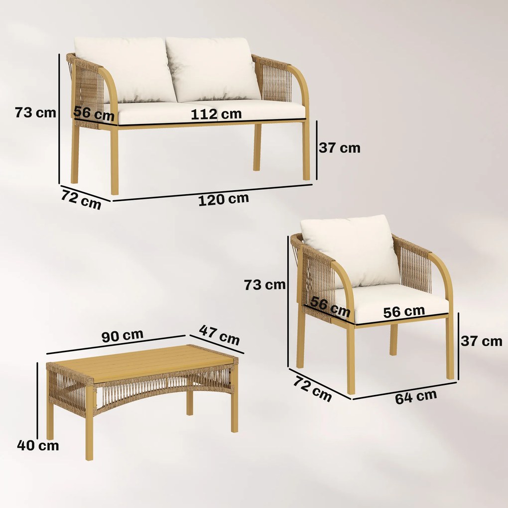 Outsunny Set mobilier de grădină exterior 4 piese cu canapea 2 fotolii masă perne, oțel rășină împletită, 120x72x73cm, Kaki | Aosom Romania