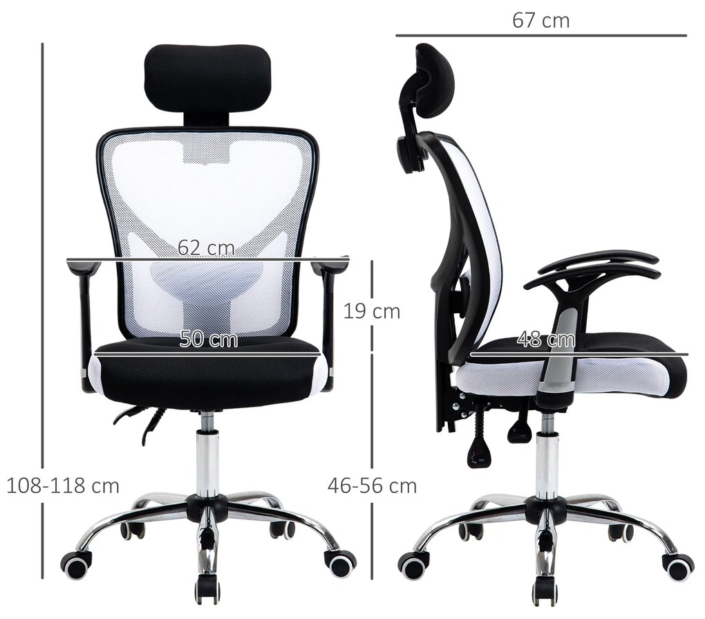Vinsetto Scaun de Birou Rotativ Scaun de Oficiu cu Înălțime Ajustabilă Spătar Înclinabil Tetieră Reglabilă și Suport Lombar Tapitat în Mesh Respirabil Alb | Aosom Romania