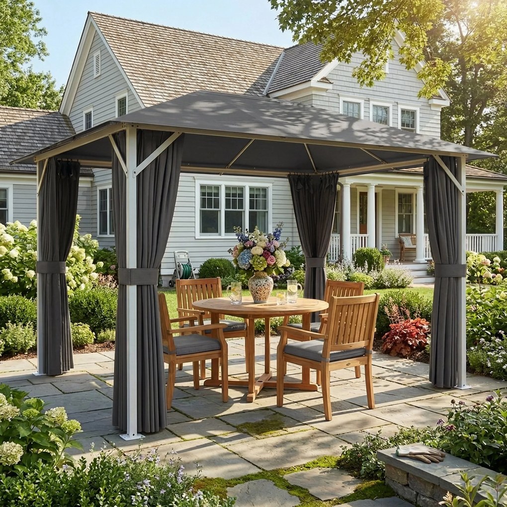 Outsunny Pavilion cca. 4x3 m Rezistent la apă Stabil Rezistent la iarnă Pavilion de grădină cu plasă anti-țânțari 4 părți laterale Ventilație Orificii de drenaj | Aosom Romania