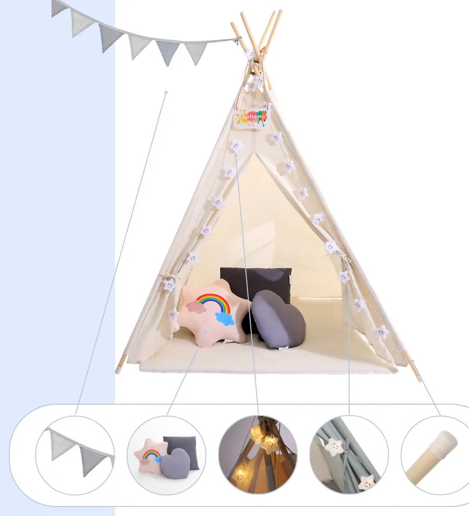 Jurhan Cort tip teepee pentru copii JULIUS, 120x120x160cm, alb/gri