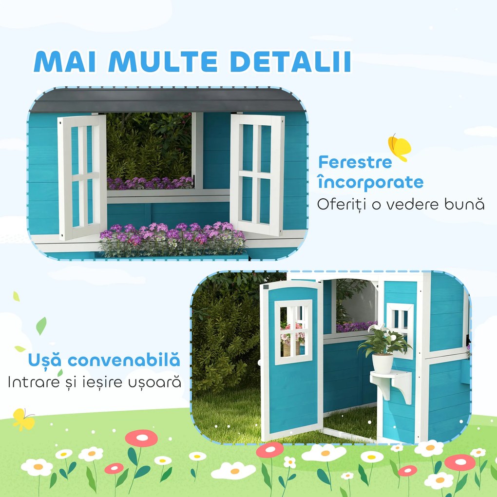 Outsunny Căsuță de Joacă din Lemn cu Uși, Ferestre, Ghivece și Jardiniere pentru Copii 3-8 Ani, Maro Închis | Aosom Romania