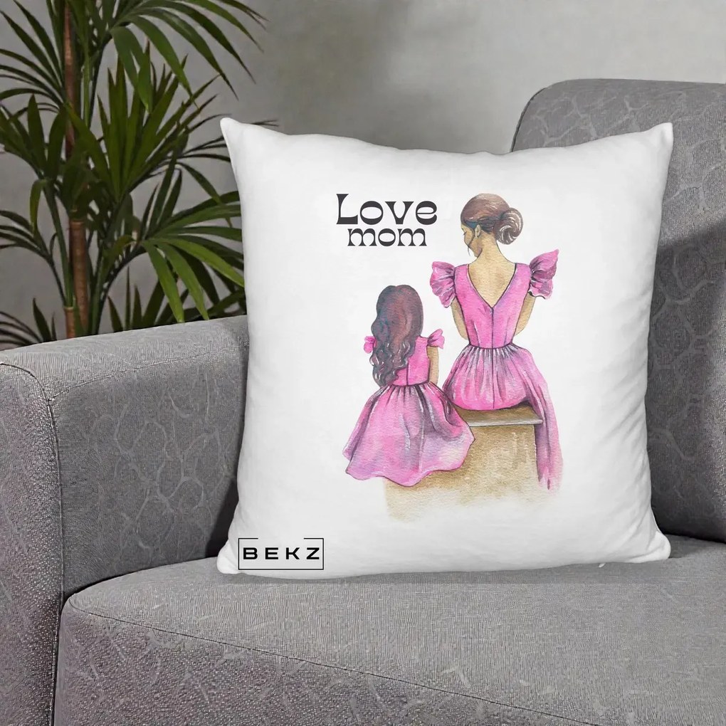 Cadou pentru Mama - Perna Personalizata Love Mom Rochii Roz, 40x40 cm, Alb Pufos, Husa Detasabila, Perna Inclusa, BEKZ®