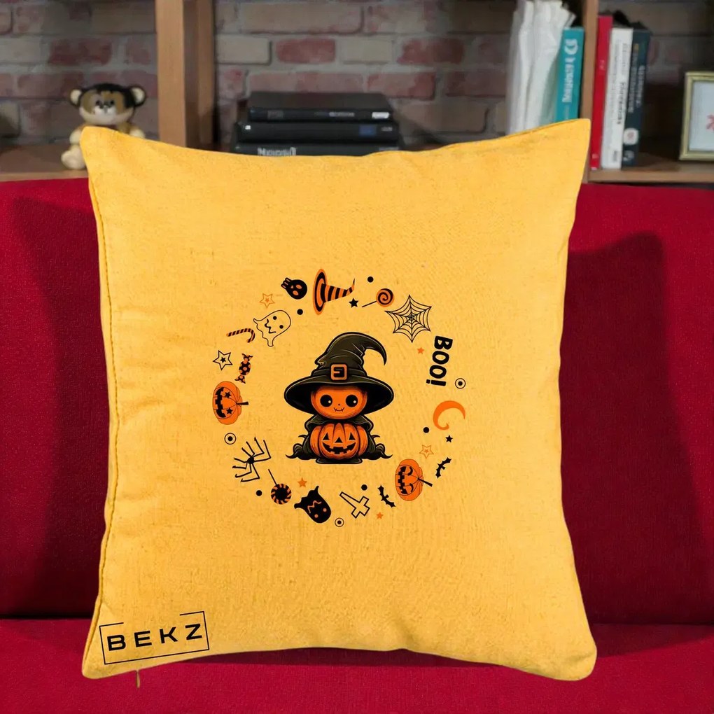 Perna Decorativa Halloween Dovleac Vrajitor Boo cu Simboluri, 40x40 cm, Galben, Husa Detasabila, Perna Inclusa, BEKZ®