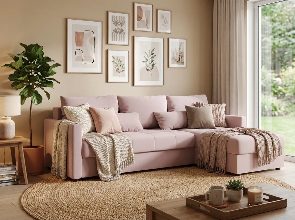 Coltar extensibil de colt VENORIA, roz pudra, reversibil, 220x143 cm + 2 perne GRATUIT