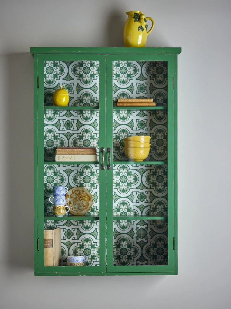 Dulap din lemn masiv verde cu uși vitrate și model floral interior, 81×18×122 cm, „Hazem"