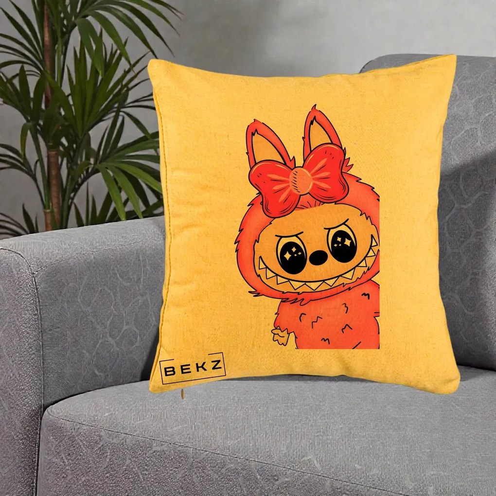 Perna Personalizata Labubu Roz cu Funda, 40x40 cm, Galben, Husa Detasabila, Perna Inclusa, BEKZ®
