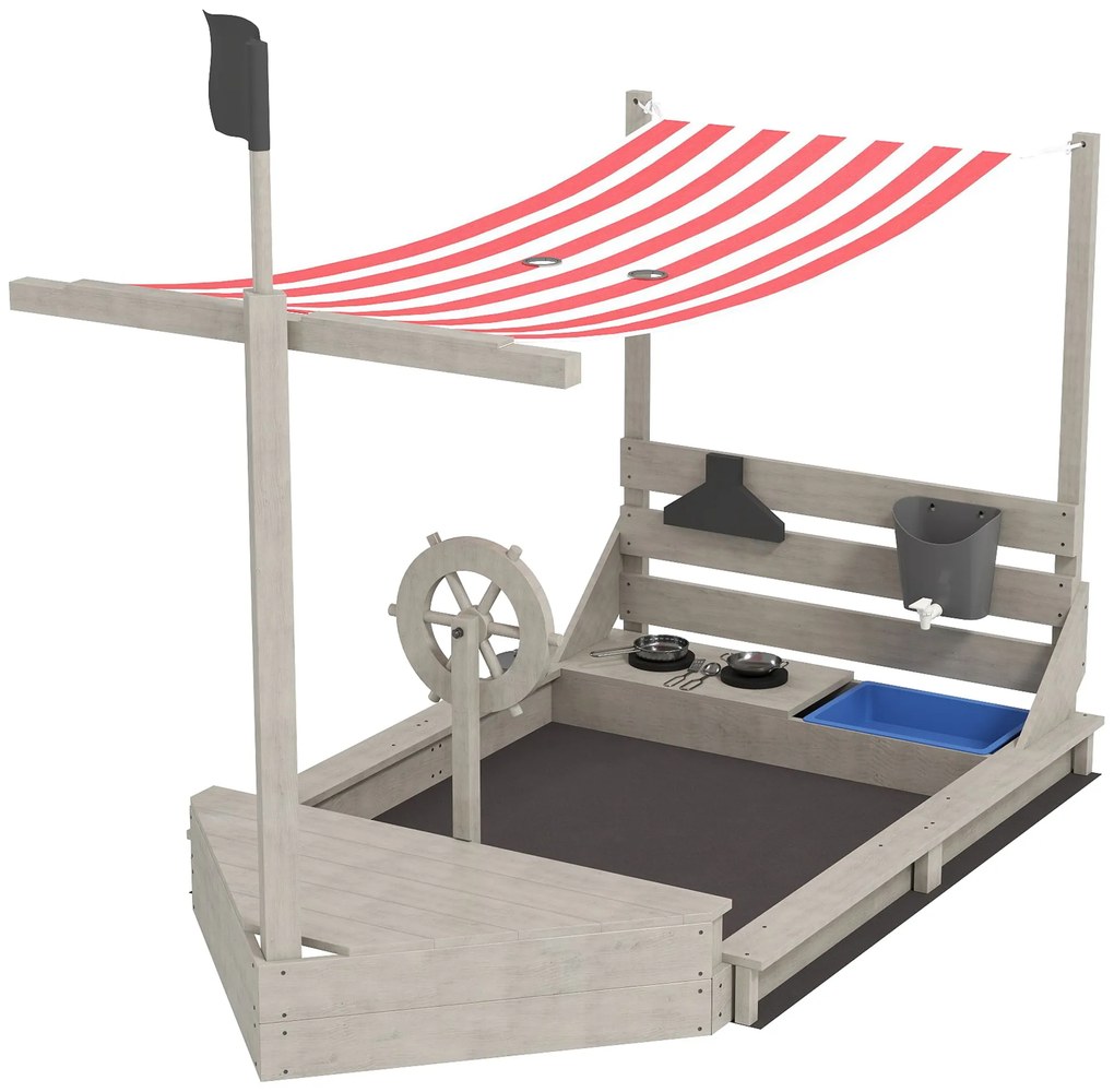 Outsunny Cutie de nisip cu parasolar Vapor pirat, inclusiv set de joc de bucătărie pentru copii, Lemn masiv, 180 x 103 x 144,5 cm, Gri | Aosom Romania