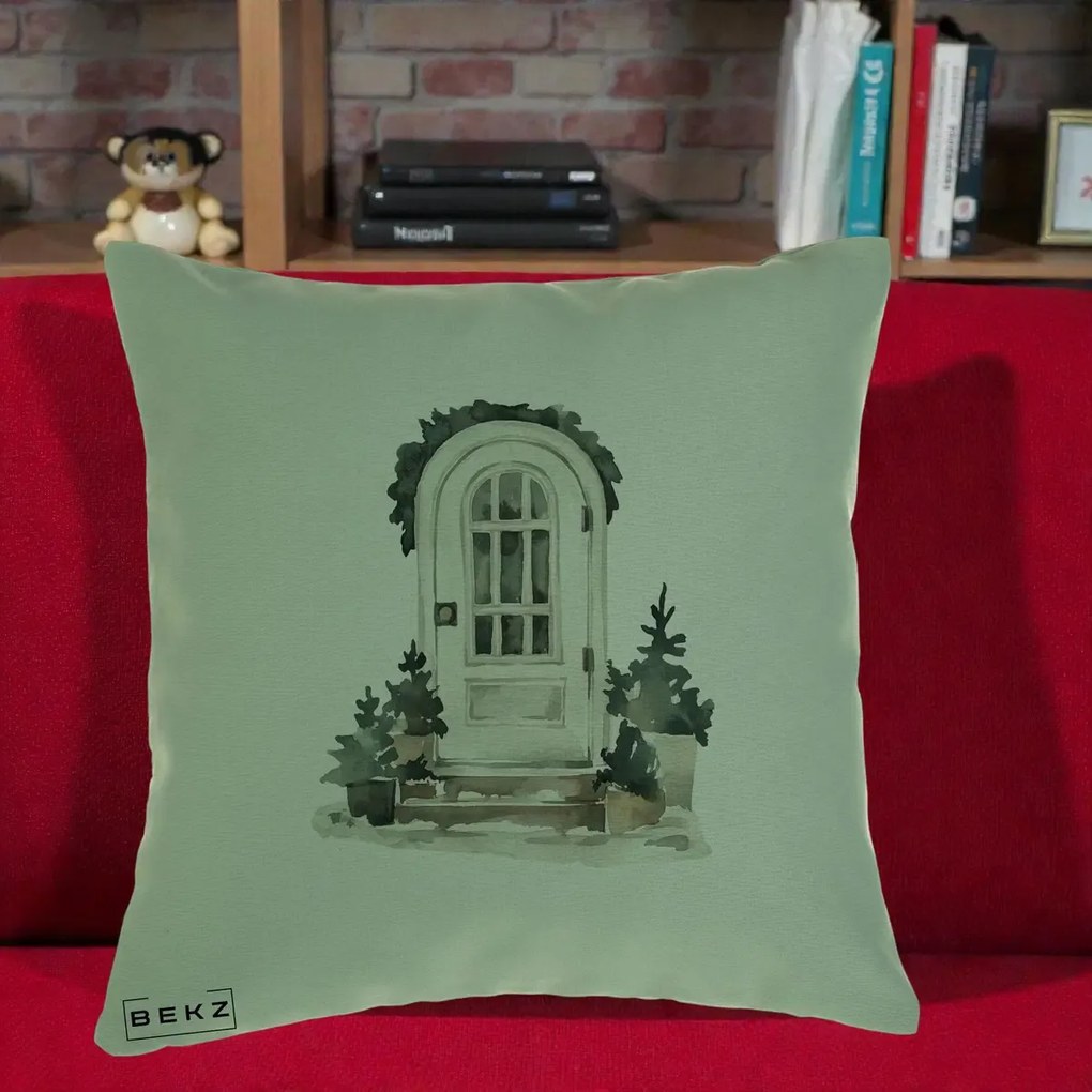 Perna Decorativa Usa de Iarna Watercolor, 40x40 cm, Verde, Husa Detasabila, Perna Inclusa, BEKZ®