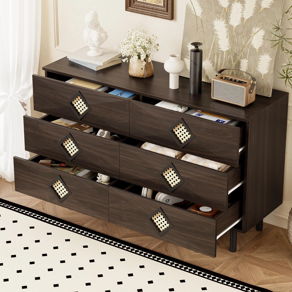 Masă de machiaj cu 6 sertare, mânere din ratan, spațiu mare de depozitare, pentru dormitor și living, 120x40x74,5 cm, Culoare naturală