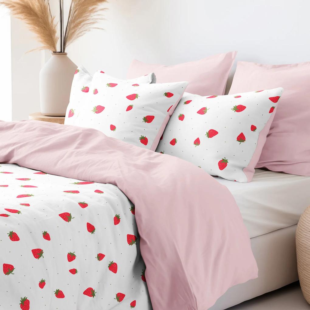 Goldea lenjerie de pat din 100% bumbac duo - căpșuni proaspete cu roz pudră 200 x 200 și 2buc 50 x 70 cm (din două bucăți, cusătură pe mijloc)