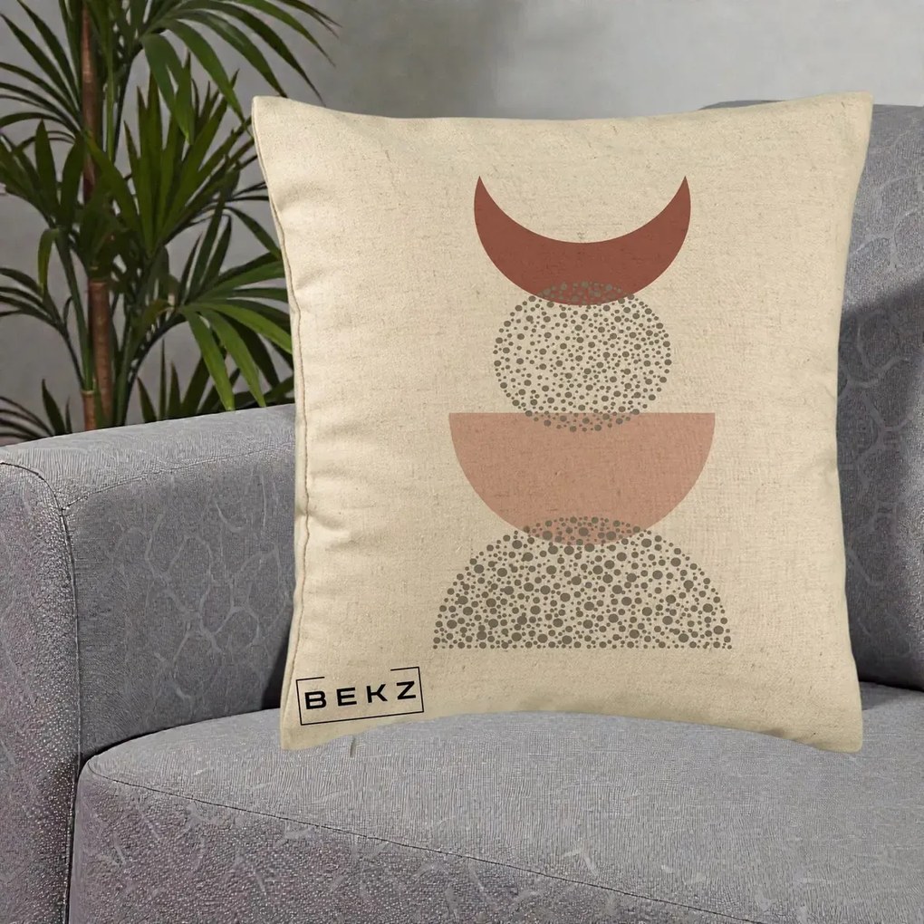 Perna Decorativa Boho Luna Plina si Forme Punctate, 40x40 cm, Bej, Husa Detasabila, Perna Inclusa, BEKZ®