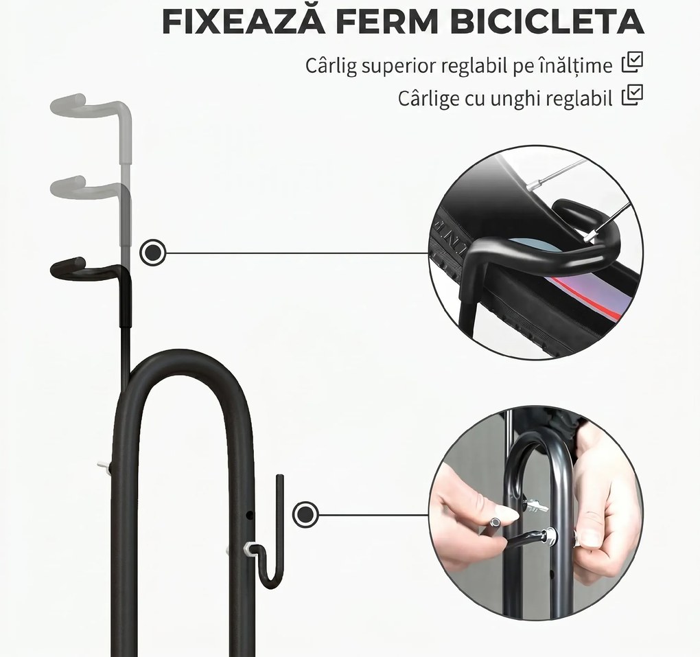 HOMCOM Suport bicicletă cu cârlige reglabile, compatibil cu biciclete 24"-29" și 700C, pentru garaj, interior și exterior, negru | Aosom Romania