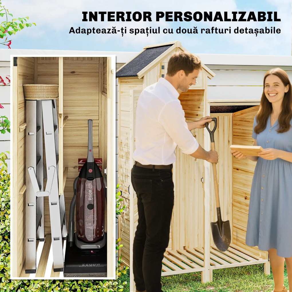 Outsunny Magazie pentru Unelte cu 2 Zone, Rafturi Reglabile și Fereastră, din Lemn de Brad, 106x57x167 cm, Culoare Naturală | Aosom Romania