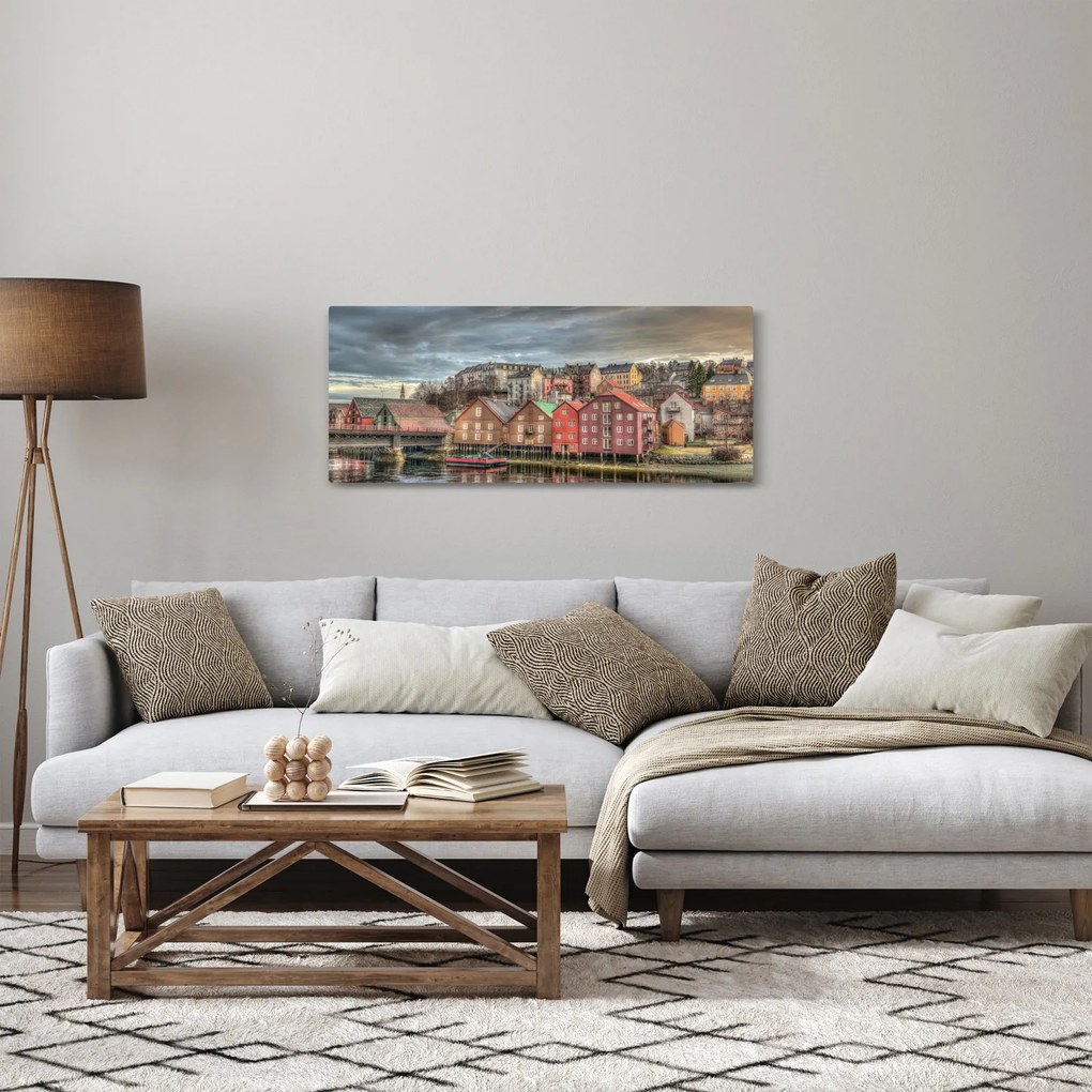 Tablou - Case lângă râu (120x50 cm)