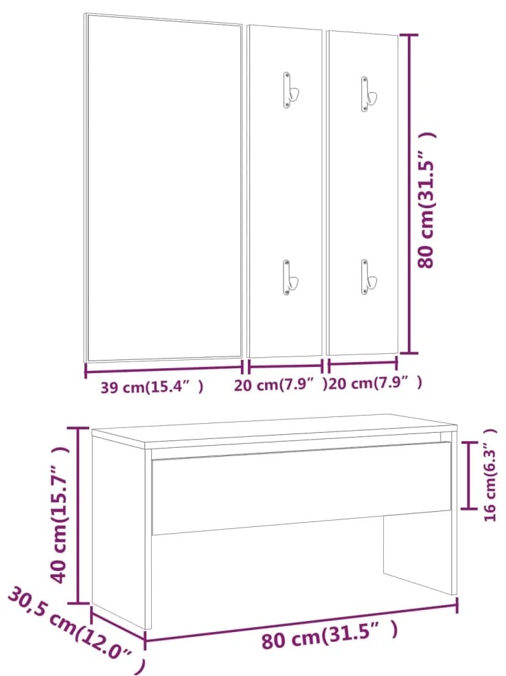 Set de mobilier pentru hol, gri sonoma, lemn prelucrat sonoma gri