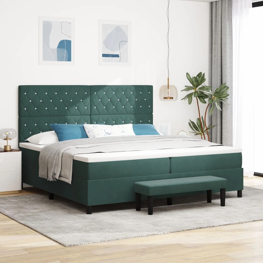 vidaXL Pat cu arcuri cu saltea și bancă verde închis 200x200 cm catifea