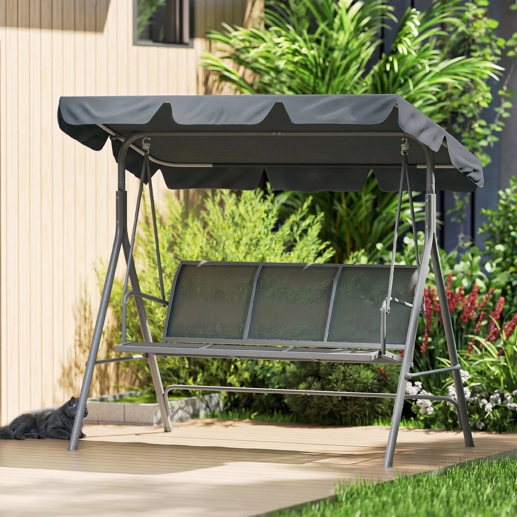 Outsunny Leagăn de grădină 3 locuri cu acoperiș parasolar reglabil și detașabil, șezut respirabil din poliester, capacitate 240 kg, 171x108x154 cm, gri închis | Aosom Romania
