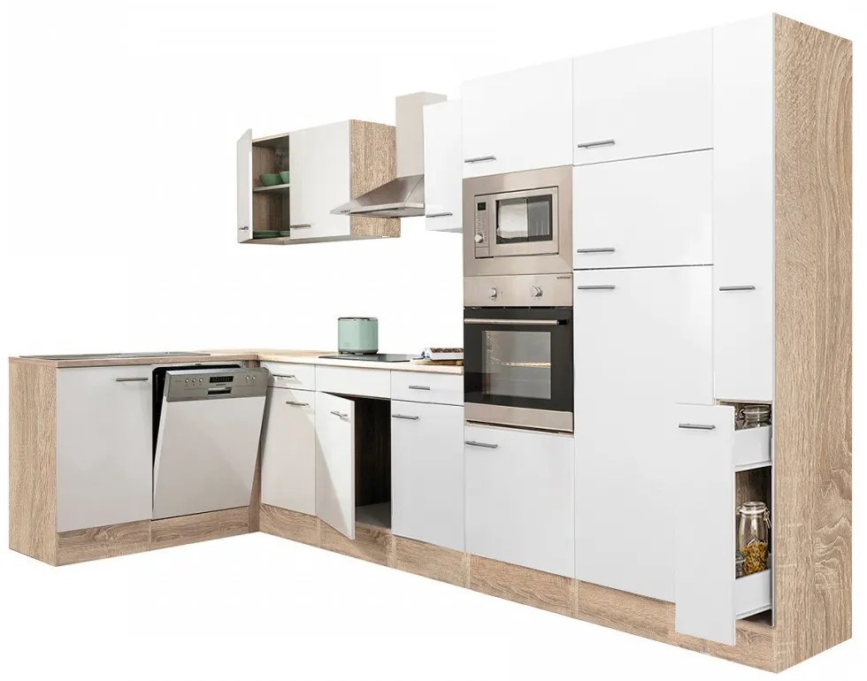 Dulap de bucătărie de colț Yorki 370, corp din stejar Sonoma, cu față alb satinat