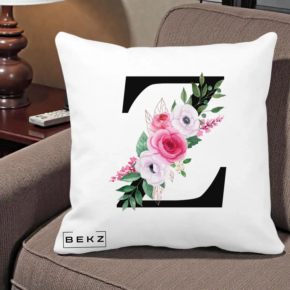 Cadou Personalizat - Perna Personalizata Monograma Florala Litera Z cu Buchet, 40x40 cm, Alba Mata, Husa Detasabila, Perna Inclusa, BEKZ®