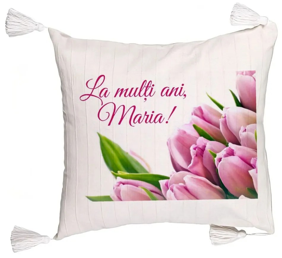 Perna Decorativa cu Franjuri, Model La multi ani Maria, 45x45 cm, Ecru, Cu fermoar