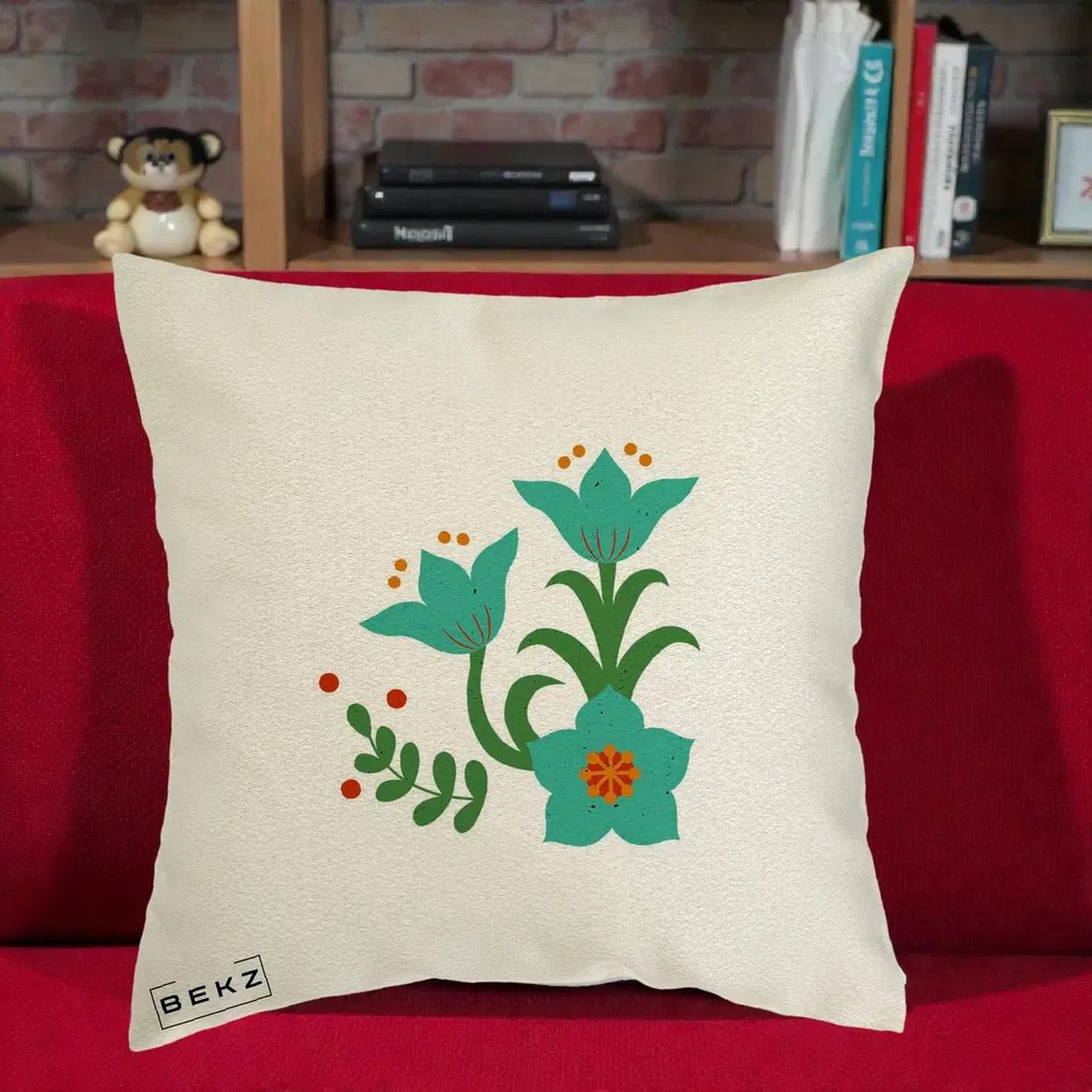 Perna Decorativa Flori Stilizate Folk Turcoaz, 40x40 cm, Ecru, Husa Detasabila, Perna Inclusa, BEKZ®