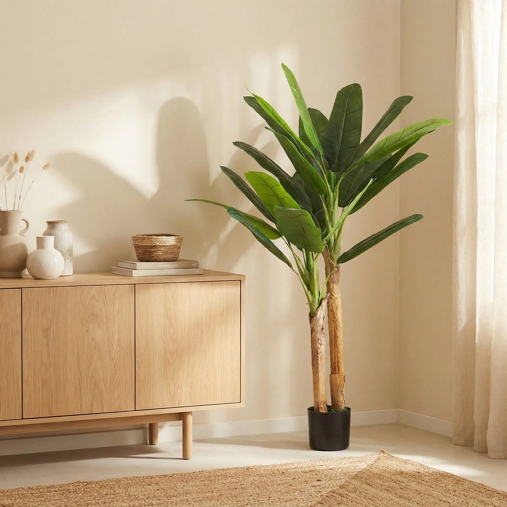 HOMCOM Arbore de banan artificial 150 cm Plantă artificială decorativă cu ghiveci și  2 trunchiuri pentru Casă Birou Living Verde | Aosom Romania
