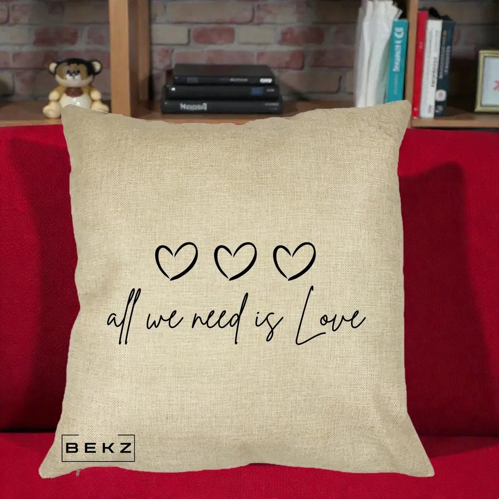 Perna Decorativa All We Need Is Love, 40x40 cm, Crem, Husa Detasabila, Perna Inclusa, BEKZ®