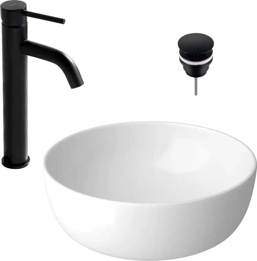 Pachet lavoar pe blat Cersanit Moduo alb 40 cm, baterie lavoar Rea Lungo negru si ventil lavoar Click-Clack D negru