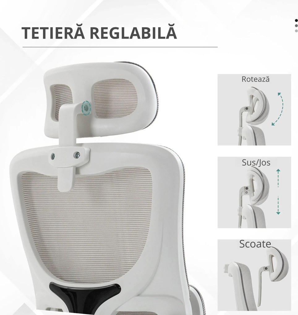 Vinsetto Scaun Birou Spătar Înalt din Plasă pentru Calculator cu Tetiera Reglabilă Suport Lombar Gri | Aosom Romania