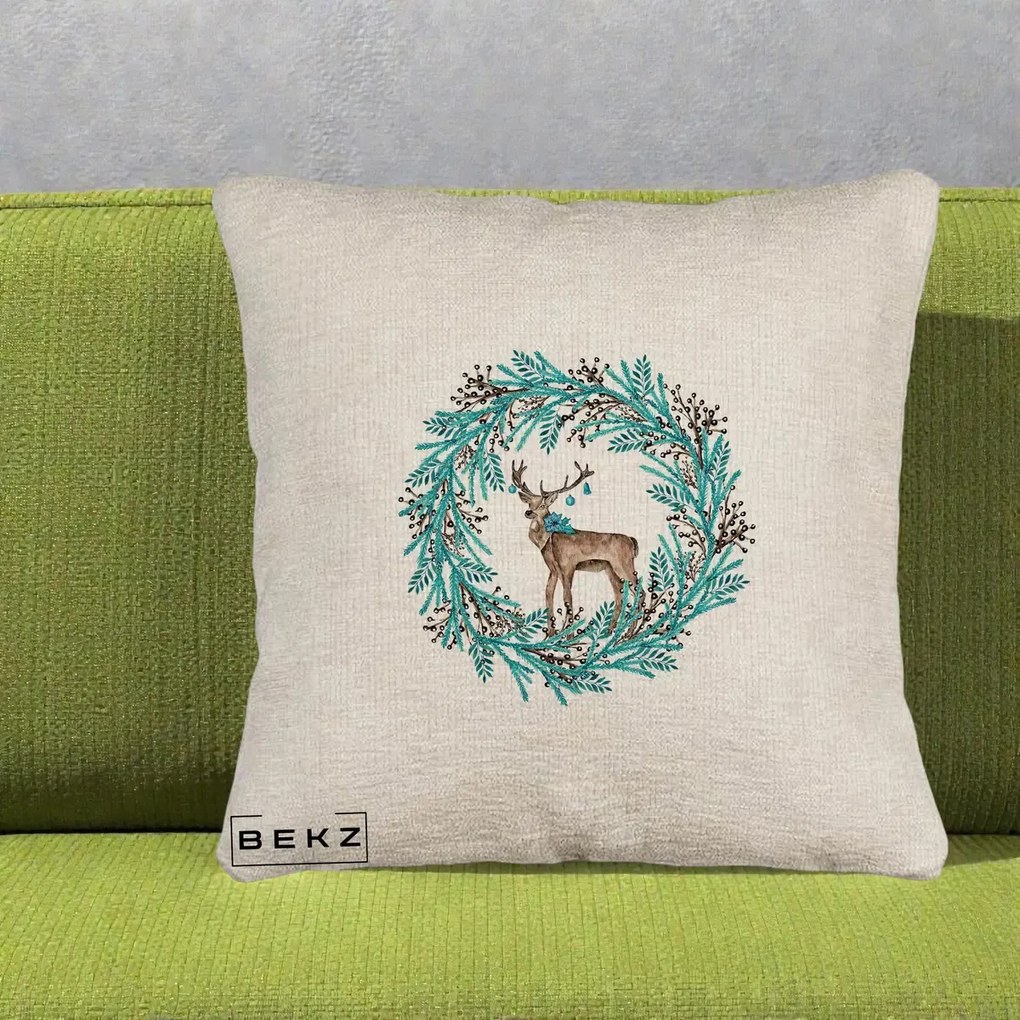 Perna Decorativa Coroana Turcoaz cu Ren, 40x40 cm, Bej Canapea, Husa Detasabila, Perna Inclusa, BEKZ®